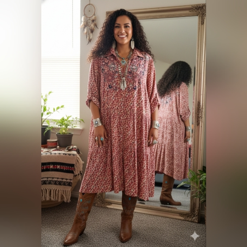 Boho 3XL Cottage Southwest Floral Tiered Embroidered Midi Dress New
